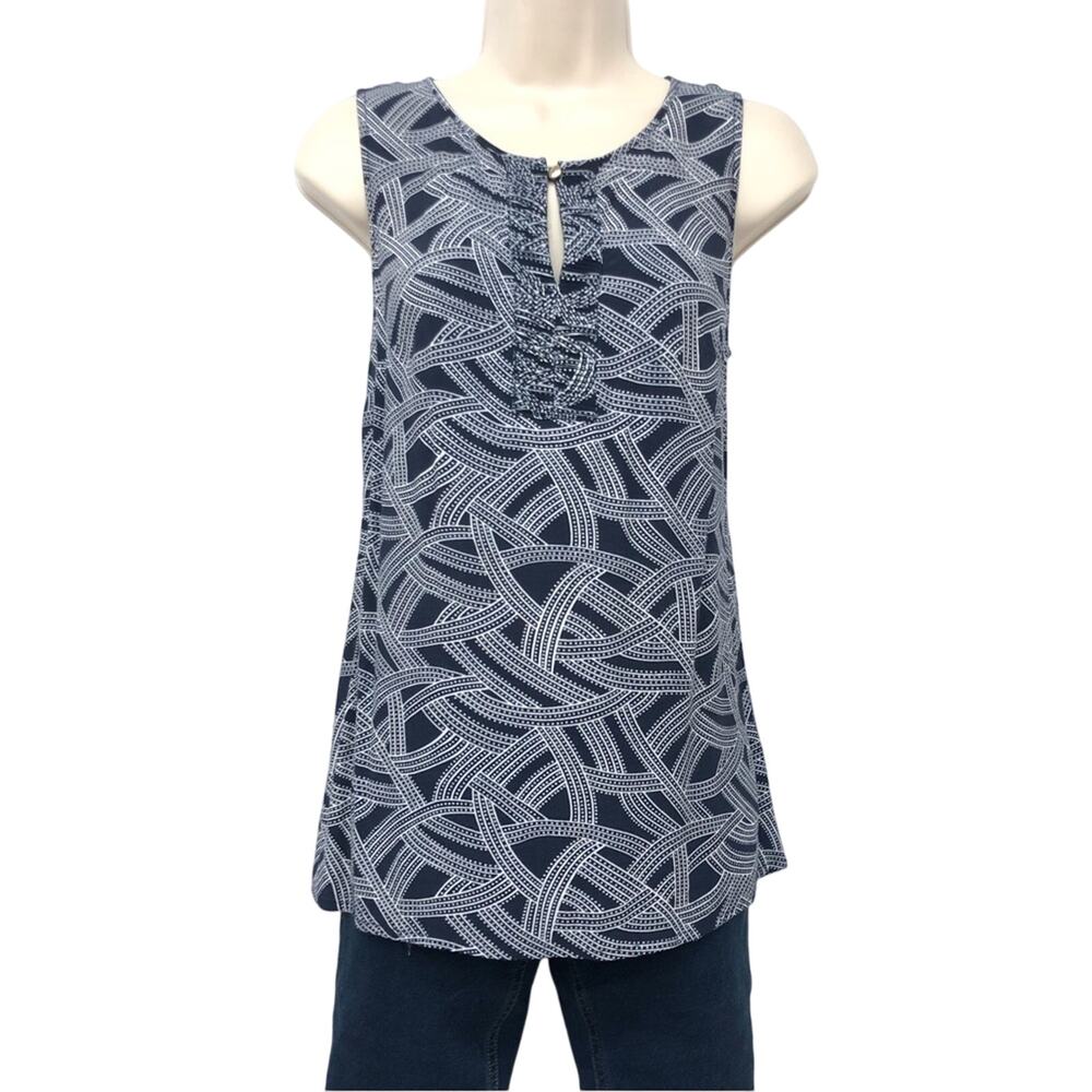 Banana Republic Lightweight Navy White Swirl Print Sleeveless Top Ruffle Front - Picture 14 of 16